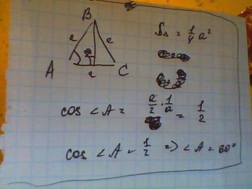 Стороны равностороннего треугольника ab=ac=a,но площадь треугольника одна четвертая а в квадрате. на