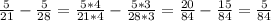 \frac{5}{21} - \frac{5}{28} = \frac{5*4}{21*4} - \frac{5*3}{28*3} = \frac{20}{84} - \frac{15}{84} = \frac{5}{84}