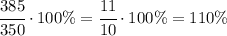 \cfrac{385}{350} \cdot 100\%=\cfrac{11}{10} \cdot 100\%=110\%