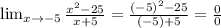 \lim_{x \to -5} \frac{ x^{2} -25}{x+5} = \frac{ (-5)^{2} -25}{(-5)+5} = \frac{0}{0}