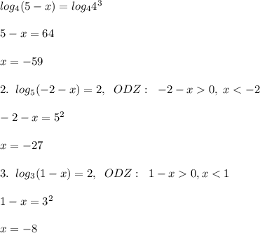 log_4(5-x)=log_44^3\\\\5-x=64\\\\x=-59\\\\2.\; \; log_5(-2-x)=2,\; \; ODZ:\; \; -2-x0,\; x<-2\\\\-2-x=5^2\\\\x=-27\\\\3.\; \; log_3(1-x)=2,\; \; ODZ:\; \; 1-x0,x<1\\\\1-x=3^2\\\\x=-8