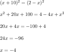 (x+10)^{2} = (2-x)^{2} \\ \\ x^{2} +20x+100=4-4x+ x^{2} \\ \\ 20x+4x= -100+4 \\ \\ 24x= -96 \\ \\ x=-4