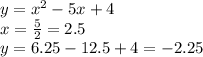 y= x^{2} -5x+4 \\ x= \frac{5}{2}=2.5 \\ y=6.25-12.5+4=-2.25