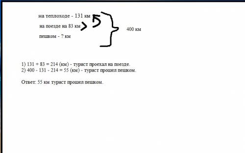 Турист проехал на теплоходе 131 км , а на поезде на 83 км больше. остальной путь турист пешком. скол