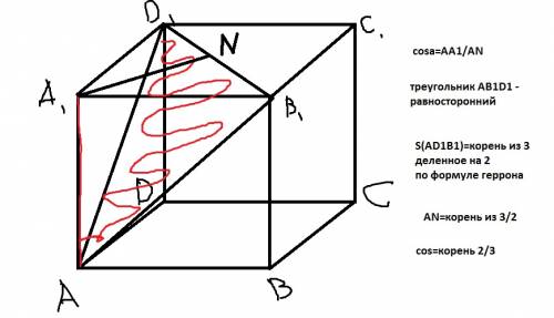 Вкубе abcda1b1c1d1 найдите косинус угла между ребром аа1 и плоскостью ав1d1 !