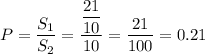 P=\dfrac{S_1}{S_2}=\dfrac{\dfrac{21}{10}}{10}=\dfrac{21}{100}=0.21