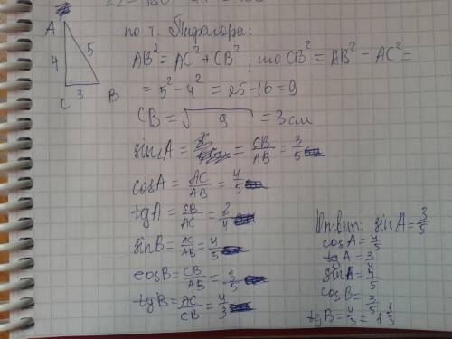 Втреугольнике авс угол с=90 градусов. ас=4 см, ав=5 см. найдите sin a, cos a, tg a, sin b, cos b, tg