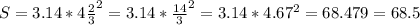 S=3.14*4 \frac{2}{3}^2=3.14* \frac{14}{3}^2=3.14*4.67^2=68.479=68.5