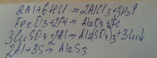Скаким из перечисленных веществ будет реагировать алюминий : co2,hcl,fe2o3,cuso4,ca,s ? напишите ура