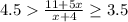 4.5\frac{11+5x}{x+4} \geq 3.5