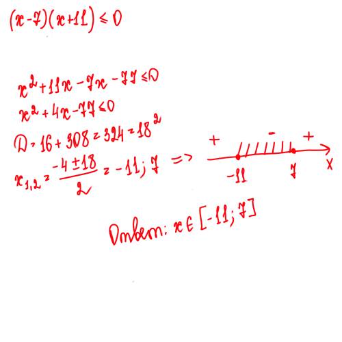 Решите неравество методом интервала (x-7)(x+11)< =0