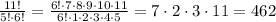 \frac{11!}{5!\cdot 6!}=\frac{6!\cdot 7\cdot 8\cdot 9\cdot 10\cdot 11}{6!\cdot 1\cdot 2\cdot 3\cdot 4\cdot 5}=7\cdot 2\cdot 3\cdot 11=462