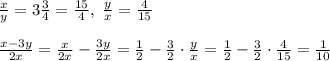 \frac{x}{y}=3\frac{3}{4}=\frac{15}{4},\;\frac{y}{x}=\frac{4}{15}\\\\\frac{x-3y}{2x}=\frac{x}{2x}-\frac{3y}{2x}=\frac{1}{2}-\frac{3}{2}\cdot \frac{y}{x}=\frac{1}{2}-\frac{3}{2}\cdot \frac{4}{15}=\frac{1}{10}