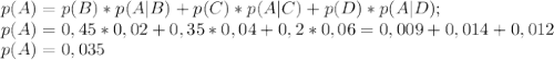 p(A)=p(B)*p(A|B)+p(C)*p(A|C)+p(D)*p(A|D);\\ p(A)=0,45*0,02+0,35*0,04+0,2*0,06=0,009+0,014+0,012\\p(A)=0,035