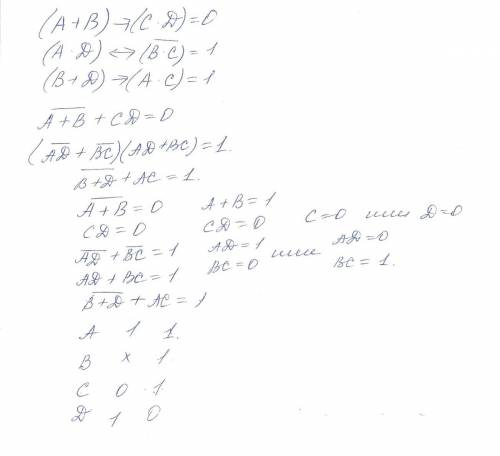 Известна истинность следующих логических выражений: (a or b) → (c and d) = 0(a and d) ↔ not (b and c