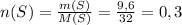 n(S)= \frac{m(S)}{M(S)} = \frac{9,6}{32} =0,3