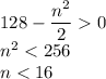 128-\dfrac{n^2}20\\&#10;n^2<256\\&#10;n<16