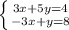 \left \{ {{3x+5y=4} \atop {-3x+y=8}} \right.