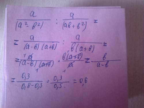 Выражение а/(а^2-в^2): a/(ав+в^2) и найдите его значение при а=0,8 в=0,3