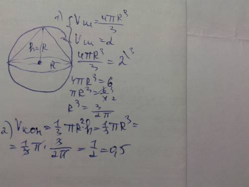 Конус вписан в шар. радиус основания конуса равен радиусу шара.объём шара равен 2. найдите объём кон