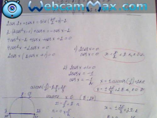 A) 2cos2x+cos x=sin( 3n/2+x)-2 б) найдите все корни,принадлежащие отрезку (n : 2n)