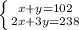 \left \{ {{x+y=102} \atop {2x+3y=238}} \right. \\