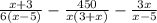 \frac{x+3}{6(x-5)}- \frac{450}{x(3+x)}- \frac{3x}{x-5}