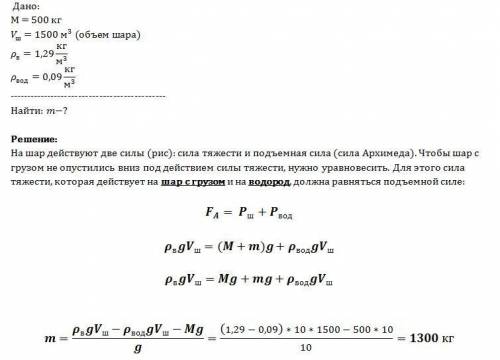 Масса оболочки воздушного шара равно 500 кг,а его объем 1500 м3. рассчитайте максимальную массу груз