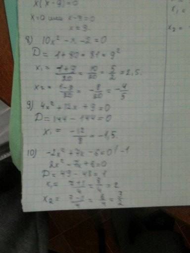 Решить уравнения 1) 4-4x+x^2=0 2) 6x-2x^2=5 3) 16+x^2=-8x 4) 0,9-x^2=0 5) -2x=7x^2-5 6) -x^2=8+4x 7)