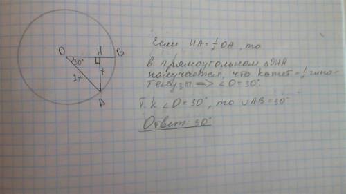 Отрезки оа и ов - радиусы окружности, расстояние от точки а до прямой ов в два раза меньше радиуса.