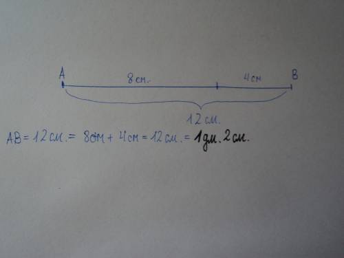 Нарисуй отрезок аб=8см.увеличь его на 4 см и отметь точку в.найди длину отрезка ав и вырази её в дец