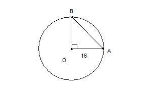 Радиус окружности с центром о равен 16. найдите хорду ав если угол аов=90 градусов.