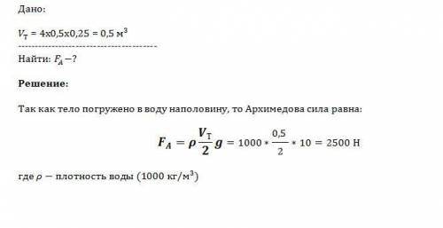 Железобетонная плита размером 4м х 0.5м х 0.25м погружена в воду на половину.какова архимедова сила