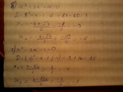 Решите уравнение: а)x^2-3x+2=0 б)x^2+8x+15=0 в)x^2-6x+8=0 г)x^2-3x-4=0