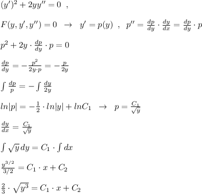 (y')^2+2yy''=0\; \; ,\\\\F(y,y',y'')=0\; \; \to \; \; y'=p(y)\; \; ,\; \; p''=\frac{dp}{dy} \cdot \frac{dy}{dx}=\frac{dp}{dy}\cdot p\\\\p^2+2y\cdot \frac{dp}{dy} \cdot p=0\\\\\frac{dp}{dy}=-\frac{p^2}{2y\cdot p}=-\frac{p}{2y}\\\\\int \frac{dp}{p}=-\int \frac{dy}{2y}\\\\ln|p|=-\frac{1}{2}\cdot ln|y|+lnC_1\; \; \to \; \; p=\frac{C_1}{\sqrt{y}}\\\\\frac{dy}{dx}=\frac{C_1}{\sqrt{y}}\\\\\int \sqrt{y}\, dy=C_1\cdot \int dx\\\\\frac{y^{3/2}}{3/2}=C_1\cdot x+C_2\\\\\frac{2}{3}\cdot \sqrt{y^3} =C_1\cdot x+C_2