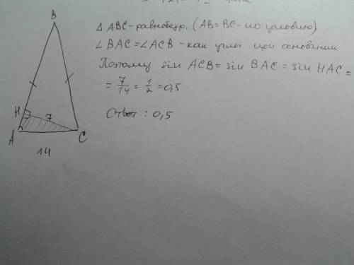 Втреугольнике abc ab=bc, ac=14, высота ch равна 7. найдите синус угла acb.