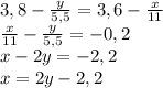 3,8- \frac{y}{5,5} =3,6- \frac{x}{11}\\ \frac{x}{11}- \frac{y}{5,5}=-0,2\\x-2y=-2,2 \\x=2y-2,2