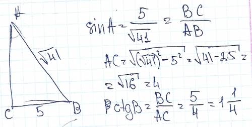 Втреугольнике авс угол с-прямой, sina=5 деленное на корень из 41.найдите ctgb