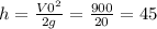 h= \frac{ V0^{2} }{2g} = \frac{900}{20} =45