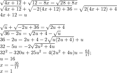 \sqrt{4x+12}+\sqrt{12-8x}=\sqrt{28+8x}\\&#10;\sqrt{4x+12}+\sqrt{-2(4x+12)+36}=\sqrt{2(4x+12)+4}\\&#10; 4x+12=u \\\\&#10; \sqrt{u}+\sqrt{-2u+36}=\sqrt{2u+4}\\ &#10;\sqrt{36-2u}=\sqrt{2u+4}-\sqrt{u}\\&#10; 36-2u=2u+4-2\sqrt{u(2u+4)}+u\\&#10; 32-5u=-2\sqrt{2u^2+4u}\\&#10;32^2-320u+25u^2=4(2u^2+4u)&#10; u=\frac{64}{17};\\u=16\\&#10; x=-\frac{35}{17}\\&#10; x=1