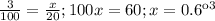 \frac{3}{100} = \frac{x}{20} ; 100x = 60; x = 0.6 кг