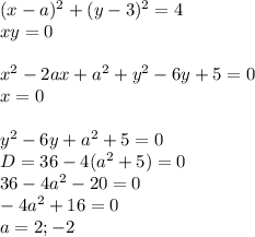 (x-a)^2+(y-3)^2=4\\&#10;xy=0\\\\&#10; x^2 -2ax+a^2+y^2-6y+5=0\\&#10; x=0\\\\&#10; y^2-6y+a^2+5=0\\&#10; D=36-4(a^2+5)=0\\&#10; 36-4a^2-20=0\\&#10; -4a^2+16=0\\&#10; a=2;-2&#10;