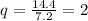 q = \frac{14.4}{7.2} = 2