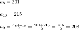 a_{8} =201\\\\a_{10}=215\\\\a_{9}=\frac{a_{8}+a_{10}}{2}=\frac{201+215}{2}=\frac{416}{2}=208