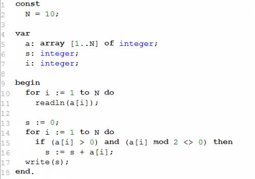 Дан одномерный массив a ( n ), n=10. вычислить сумму положительных нечетных элементов одномерного ма