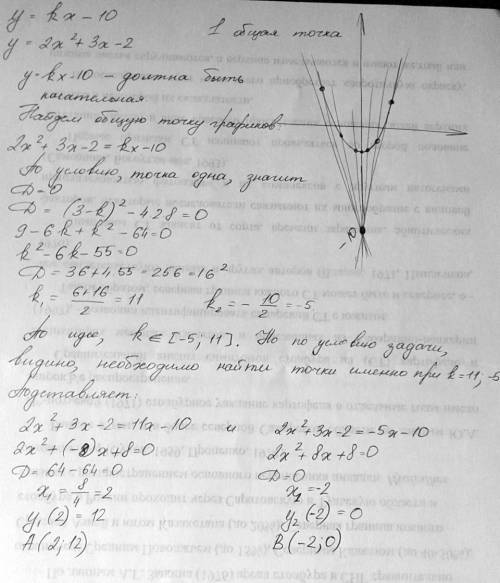 При каких значениях k прямая y = kx – 10 имеет только одну общую точку с графиком функции y = 2x2 +