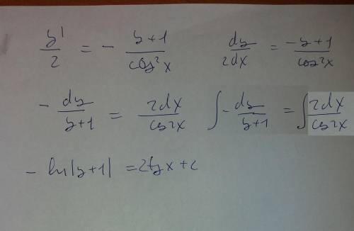 Решите дифференциальное уравнение y'/2+(y+1)/cos^2*(x)=0,