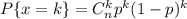 P\{x=k\}=C^k_np^k(1-p)^k