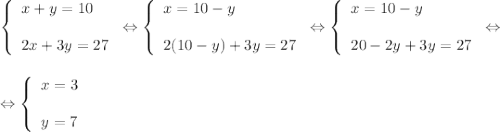 \displaystyle \left \{\begin{array}{l}x+y = 10 \\ \\ 2x+3y=27 \end{array}\right. \Leftrightarrow \left \{\begin{array}{l}x = 10 -y \\ \\ 2(10-y)+3y=27 \end{array}\right. \Leftrightarrow \left \{\begin{array}{l}x = 10 -y \\ \\ 20-2y+3y=27 \end{array}\right. \Leftrightarrow \\ \\ \\ \Leftrightarrow \left \{\begin{array}{l}x = 3 \\ \\ y=7 \end{array}\right.