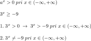 a^{x}0\; pri\; x\in (-\infty,+\infty)\\\\3^{x} \geq -9\\\\1.\; 3^{x}0\; \to \; 3^{x}-9\; pri\; x\in (-\infty,+\infty)\\\\2.\; 3^{x}\ne-9\; pri\; x\in (-\infty,+\infty)